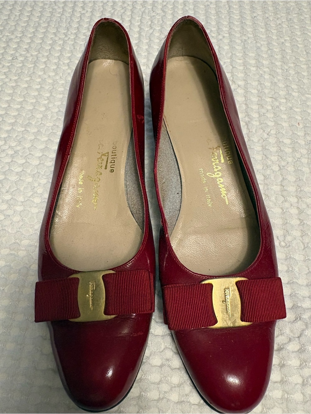 Salvatore Ferragamo Red Leather Vara Bow Flats with Gold Accent